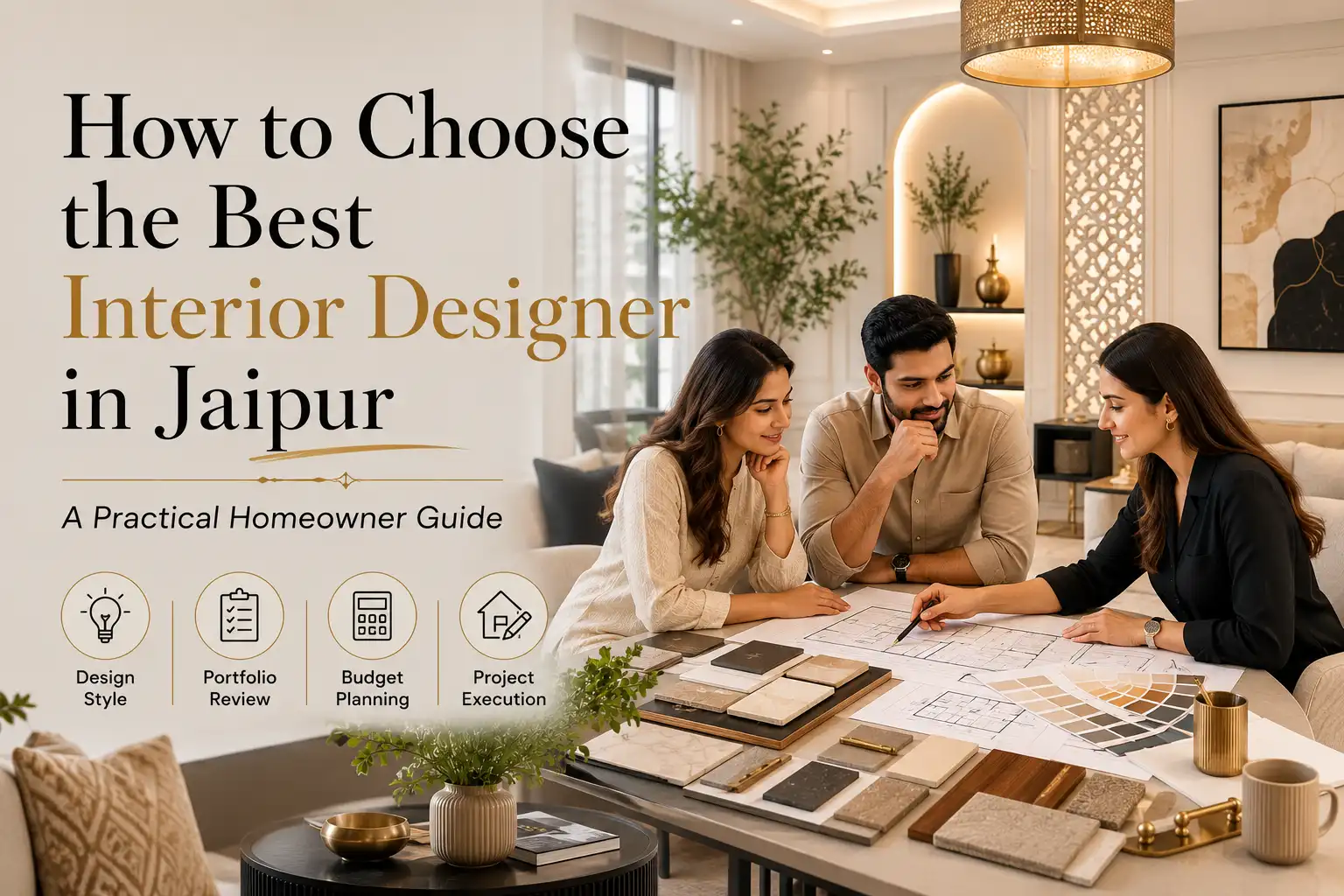 Interior designer consultation with homeowners reviewing floor plans, material samples, budget planning, portfolio evaluation, and project execution for home interior design in Jaipur.