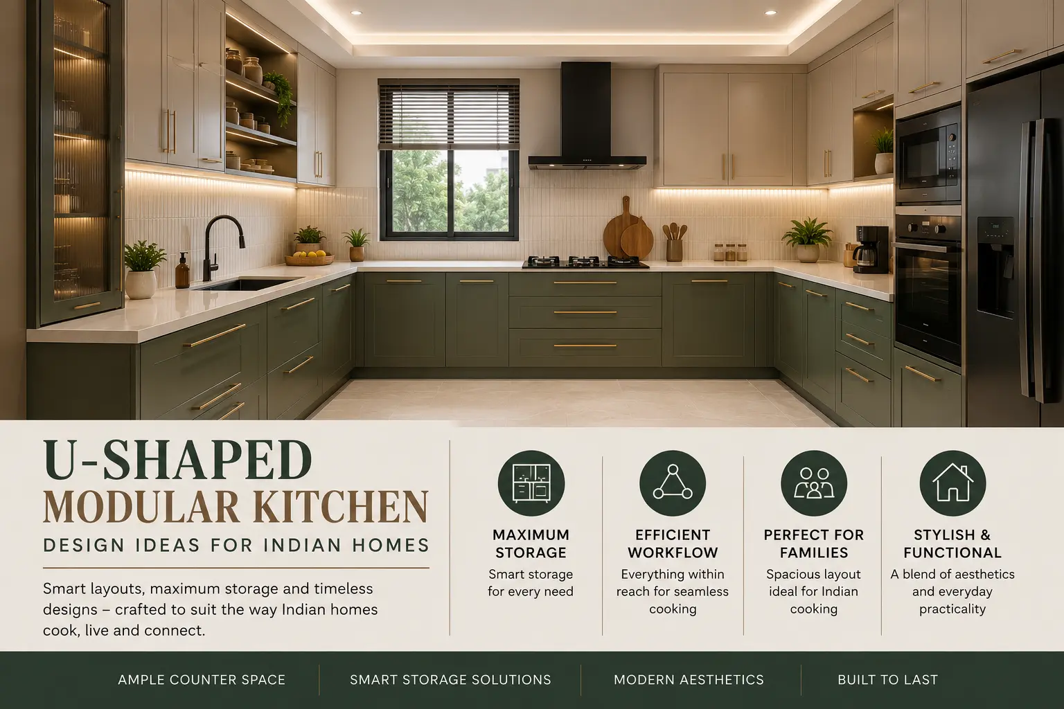 Modern U-shaped modular kitchen design for Indian homes with smart storage, efficient workflow, premium finishes and family-friendly layout.