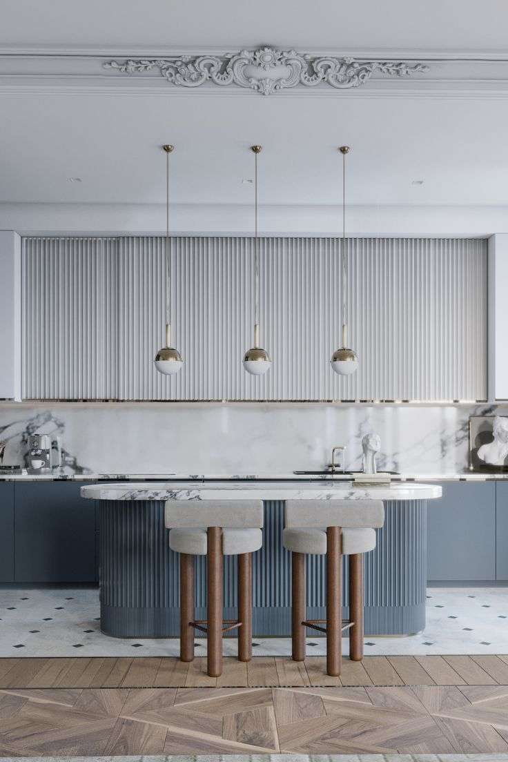 Blue kitchen island slated panel and walnut bar stools